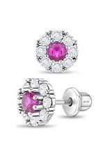 gorgeous silver clear and fuchsia cubic zirconia flower birthstone baby earrings
